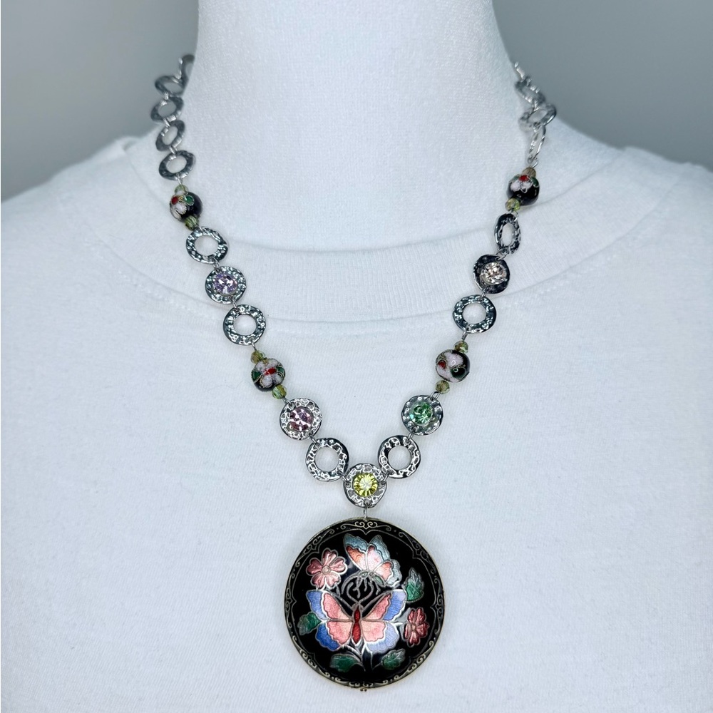 Butterfly cloisonné and silver link necklace #50
